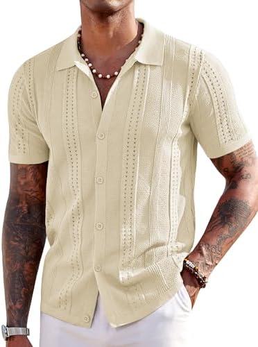 COOFANDY Men's Knit Shirts Short Sleeve Button Down Polo Shirt Fashion Casual Summer Beach Shirts M