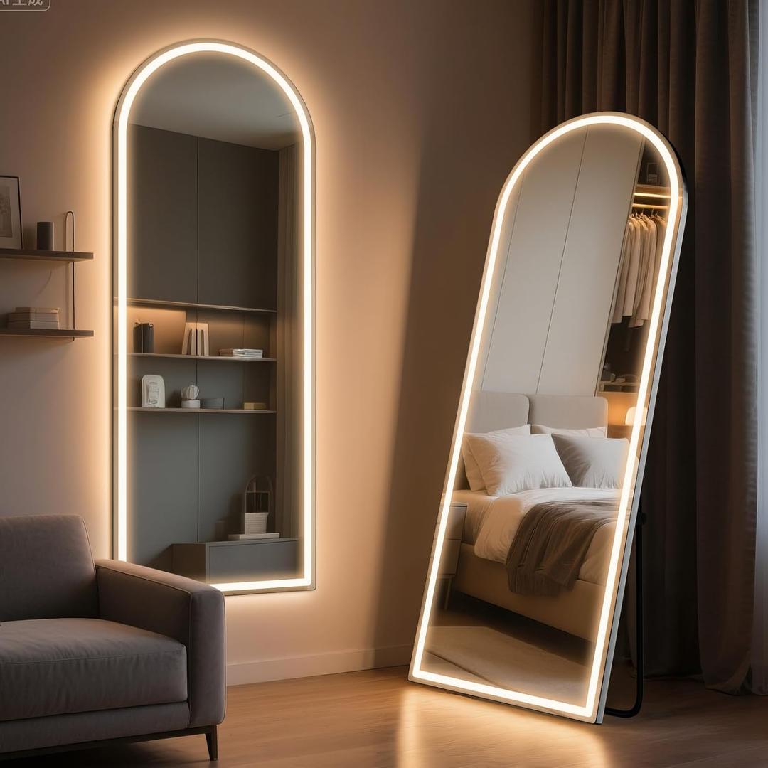 71" x 26" Arched Full Length Mirror with LED Lights, Floor Mirror with Stand, Wall Mirror Full Length, Body Floor Mirror, Wall Mounted Mirror for Bedroom, Dimmable, Tempered Glass