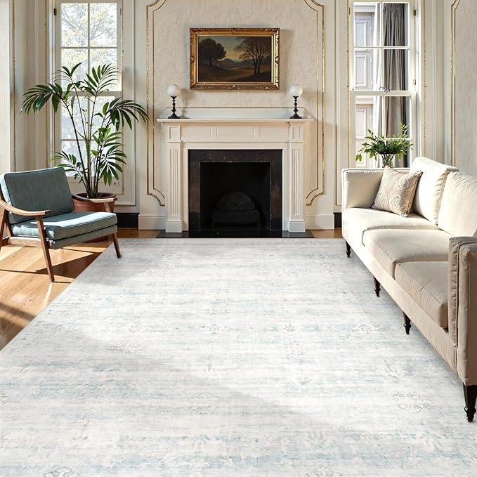 Lahome Blue Area Rugs 9x12 Living Room, Distressed Stain-Resistant Dining Room Rugs for Under Table, Non Slip Washable Carpet for Bedroom, Soft Non-Shedding Carpets for Nursery