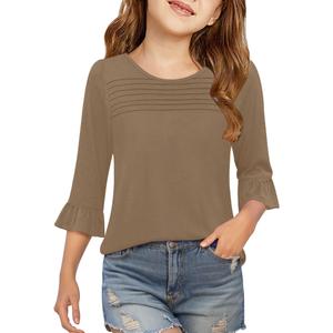 Sunborui Girls Summer 3/4 Length Sleeve Tops Casual Cute Shirts Ruffle Bell Sleeve Front Pleated Blouses (Brown,13 Years) (Brown, XL)