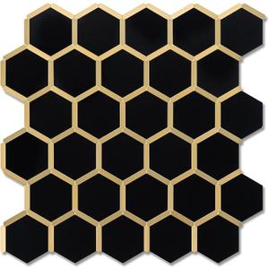 Hexagon Peel and Stick on Backsplash for Kitchen and Bathroom, Black Marble Look PVC Mixed Metal Gold Self Adhesive Metal Mosaic Tiles(10 Sheets, Seamless), 11"L x 10.6"W x 0.1"H