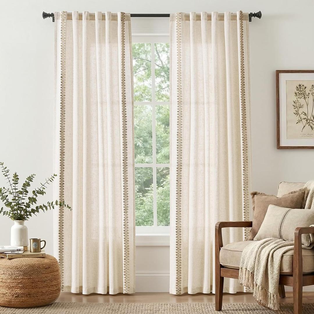 jinchan Beige Linen Blend Curtains with Woven Trim Boho Curtains 84 Inches Length 2 Panels for Living Room Bedroom Light Filtering 50 Inches Wide Rustic Farmhouse Drapes with Rod Pocket Back Tab Ecru (84"L x 50"W)