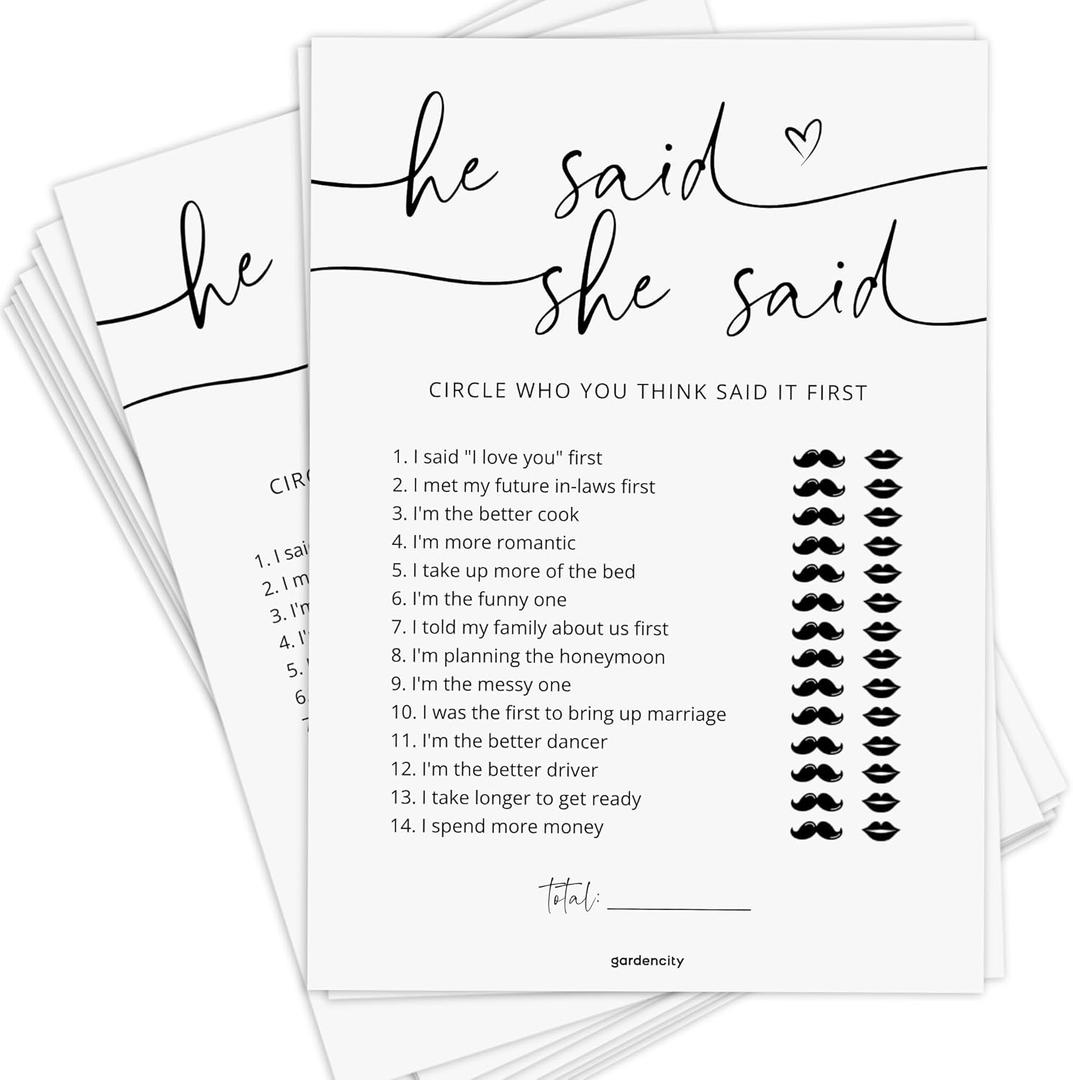 GardenCity Bridal Shower Games, He Said She Said Bridal Shower Game for 50 Guests, Minimalist