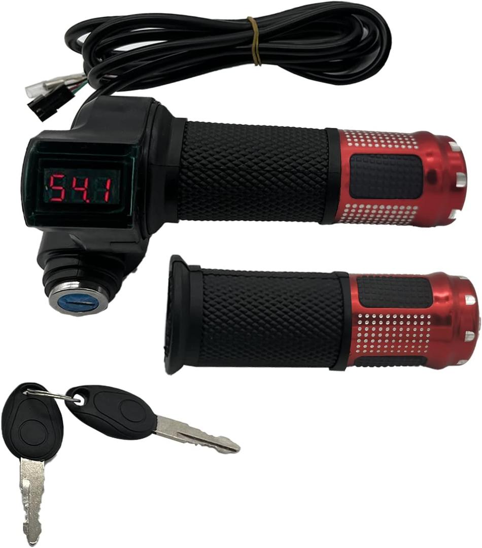1 Pair EBike Throttle Grip, Universal Electric Bicycle Scooter Twist Handlebar with LCD Battery Voltage Display Key Knock, 12V-84V Electric Bike Throttle Grip for Motorbike Motorcycle E-Bike