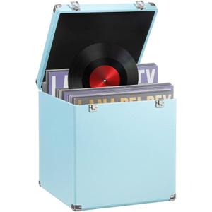 Large Vinyl Record Storage Case, 13 x 13 x 13 Inch for 100+ Single Records, Retro Lp Album Collection Display Box, PU Leather Water Resistant for 7/10/12 Inch Album Collection(Mint Blue)