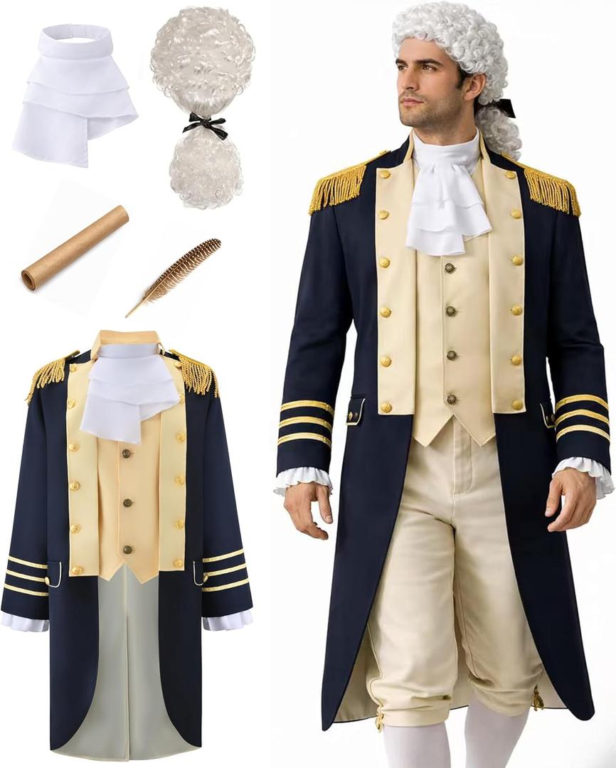 Founding Father Costume for Men Colonial Costume Outfit Revolutionary War General Uniform for Halloween DressUp (Blue, S)