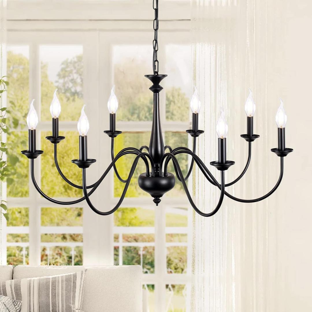 Black Chandelier Farmhouse 8 Light Chandeliers for Dining Room Rustic Hanging Light Fixtures for Kitchen Island Living Room Bedroom Entryway Hallway Stairway Foyer