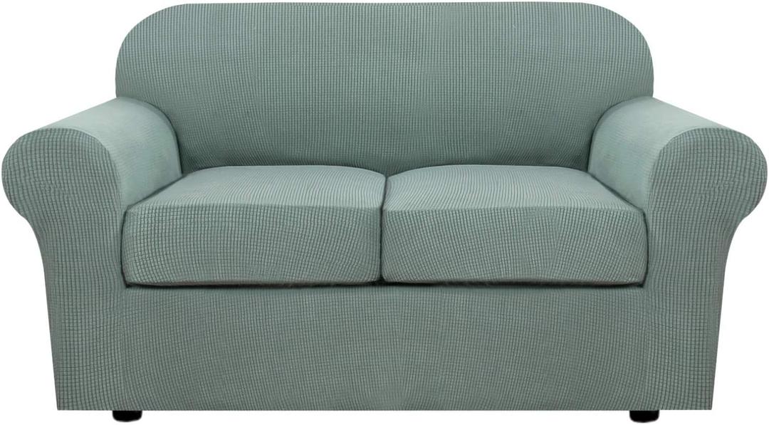 H.VERSAILTEX 3 Piece Stretch Sofa Covers for 2 Cushion Loveseat Couch Covers for Living Room Sofa Slipcovers (Base Cover Plus 2 Seat Cushion Covers) Thicker Jacquard Fabric(Medium Sofa, Sage)