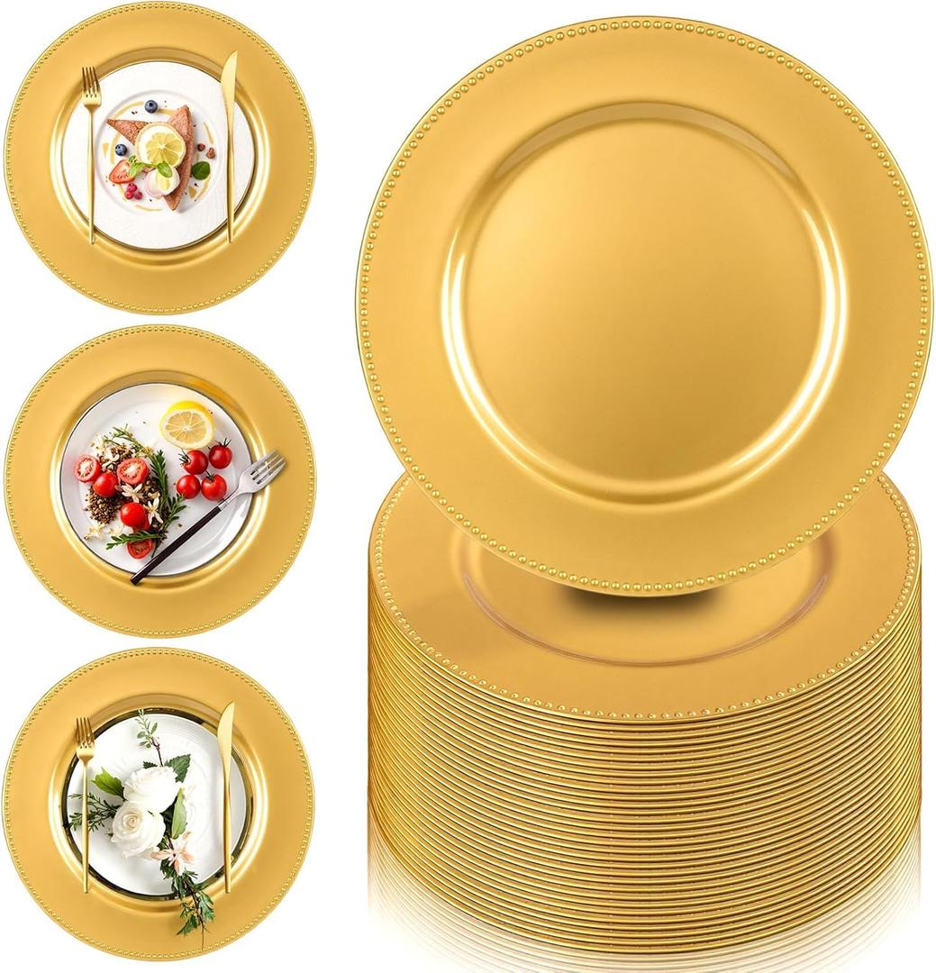 PROY 50 Pack Gold Charger Plates, 13 Inch Plastic Round Gold Chargers for Dinner Plates with Beaded Rim, Reusable Plastic Table Chargers for Wedding, Party