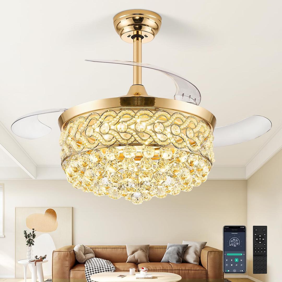 42" Gold Fandelier Ceiling Fan with Light, Crystal Chandelier with Fan Retractable Ceiling Fan with Lights and Remote LED Dimmable Chandelier Fans for Bedroom Living Room Dinning Room Kitchen