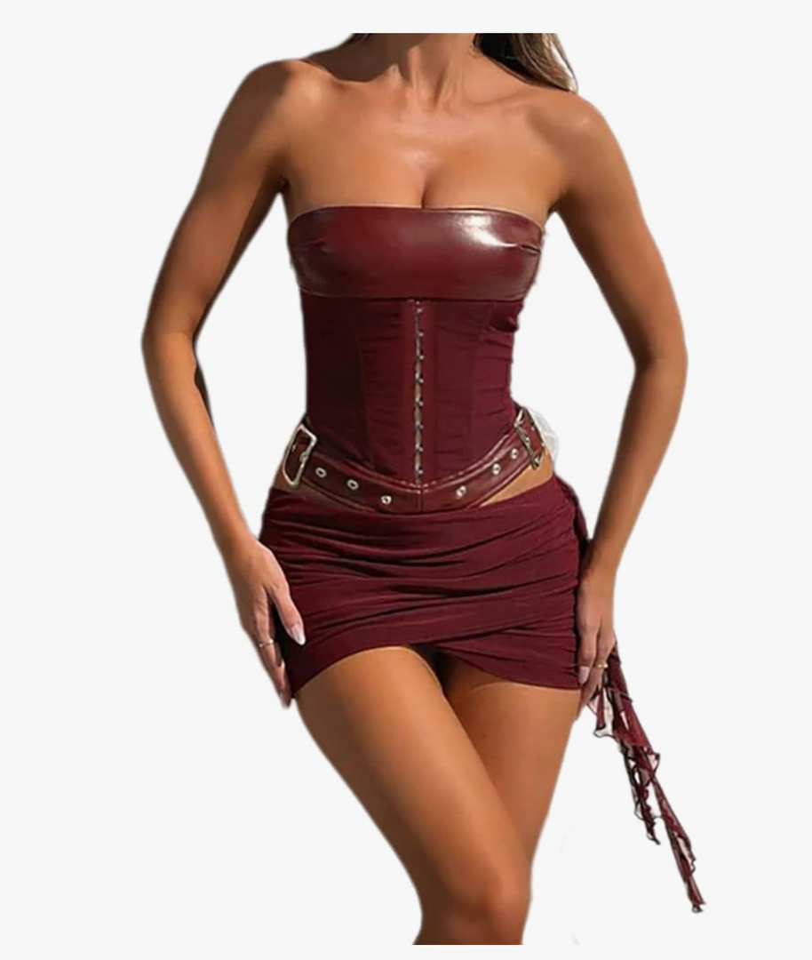 Sexy Two Piece Outfits for Women Off the Shoulder Leather Tube Top High Waist Ruched Mini Skirt Set Vacation Outfits, S