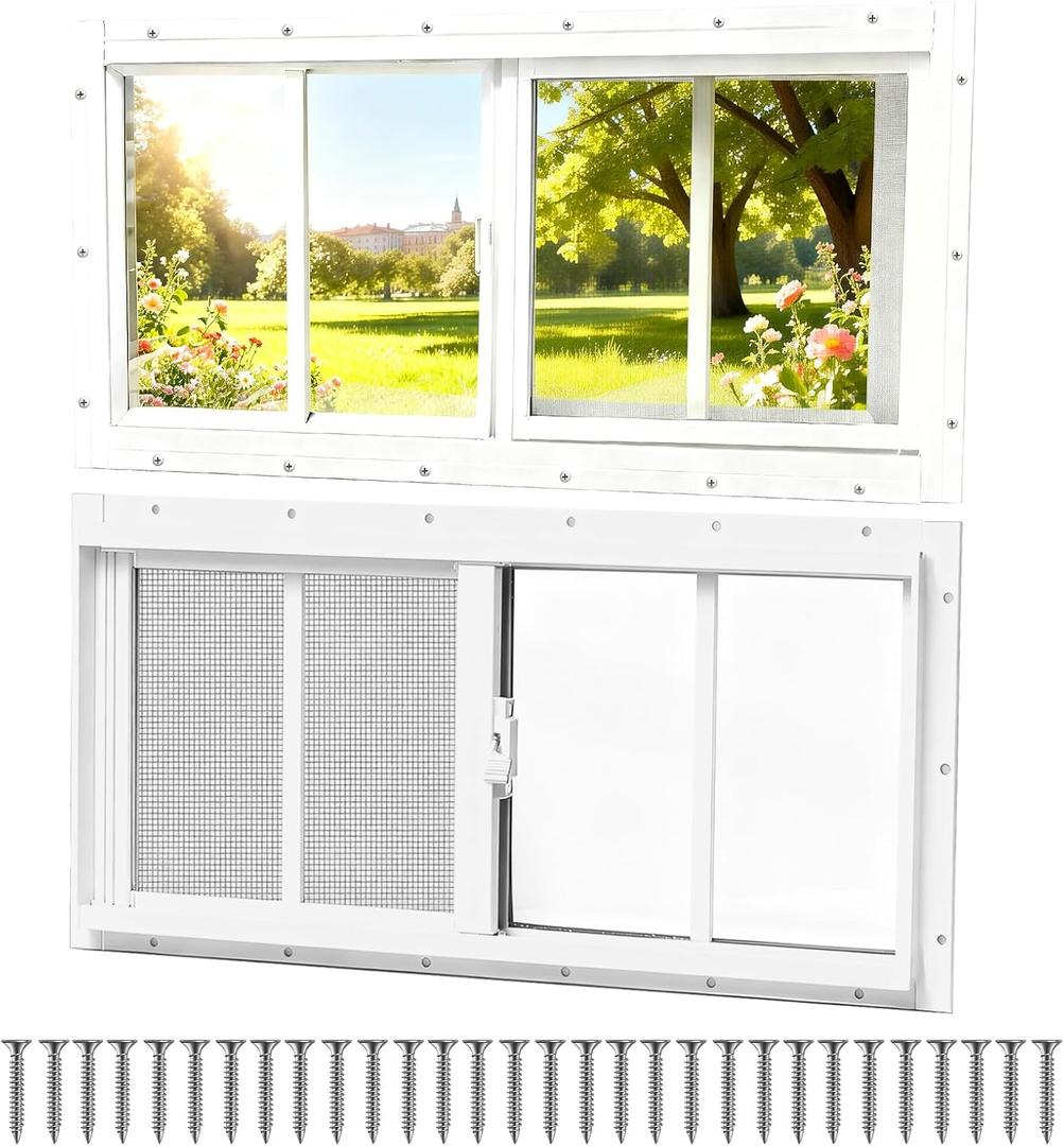 NeatiEase 2 Pack Sliding Windows, 10"x20" Shed Windows with Tempered Glass and Removable Fiberglass Screen for Chicken Coop, Shed, Basement, Playhouse, Household, Garage, Barns (White)