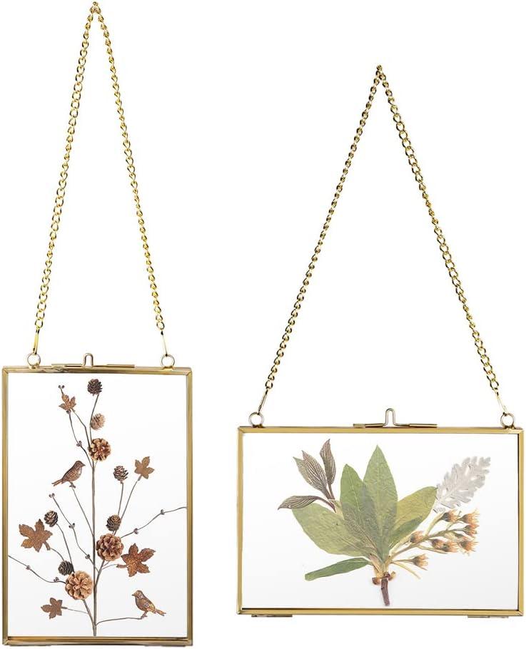 JUXYES Set of 2 Brass Wall Hanging Photo Frame, Golden Glass Hanging Picture Artwork Display Frame, Double Glass Floating Frame Style Gallery Wall Frame for Photo Picture Poster etc (4" x 6")