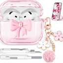 for AirPods 4 Case 2024, with Safety Lock & Phone Stand for AirPods 4 Generation Case Cover for Women Girly with Chain, Clear Pink