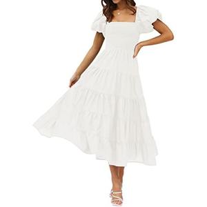 ZESICA Women's 2025 Summer Square Neck Short Puff Sleeve Solid Color High Waist Casual Smocked Flowy A Line Tiered Midi Dress, Medium