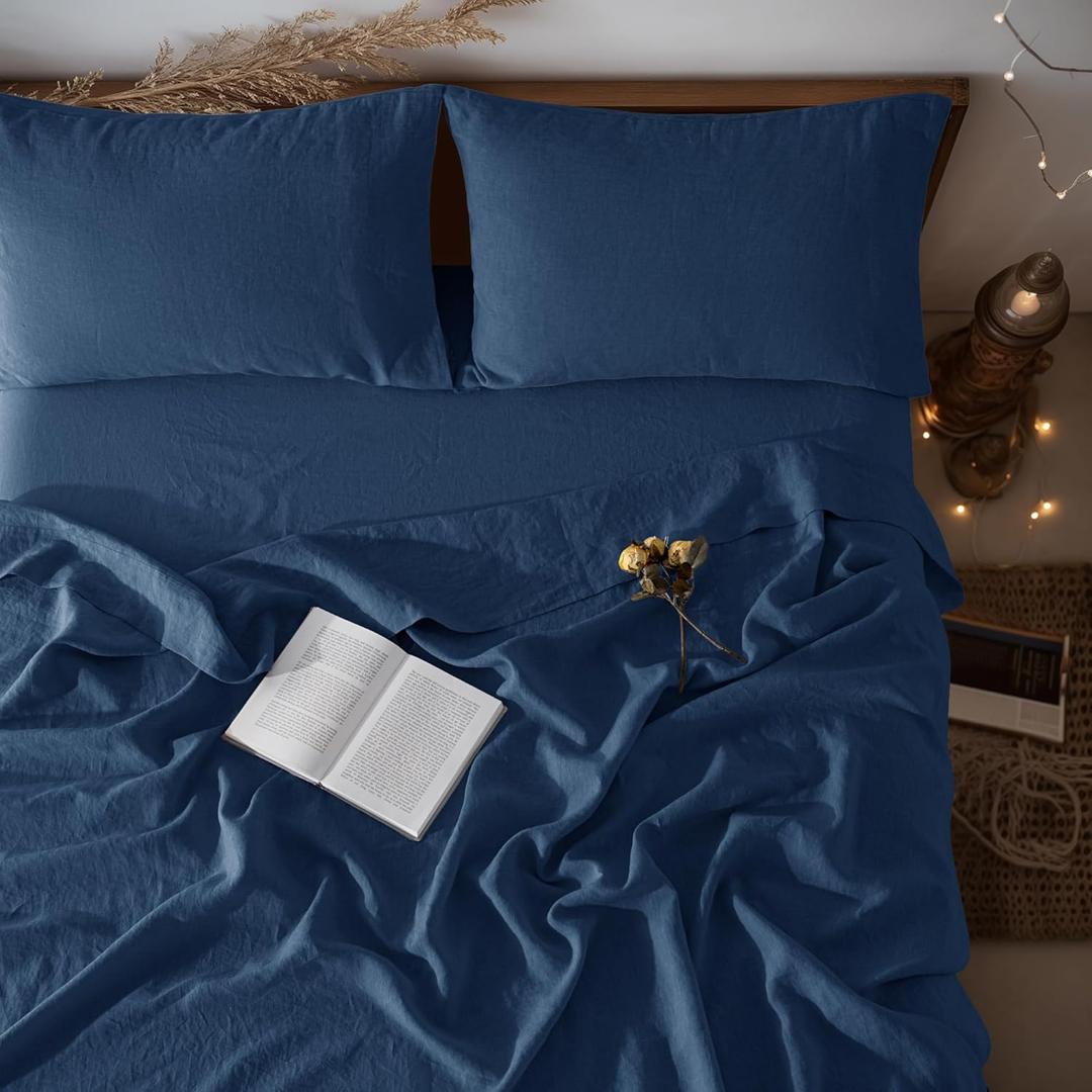LBRO2M 100% Linen Sheet Set Deep Pocket Fit Up to 19" Bed Sheets Sets, Natural Flax Beddings Soft, Breathable, Comfortable for All Year Round 4 Pcs Sheet Set (Queen, Navy Blue)