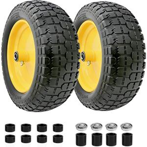 4.80/4.00-8 Flat Free Tire and Wheel, 14.5" Solid Wheelbarrow Tire with 3"-7" Adjustable Centered Hub, 5/8" & 3/4" Bearings, Universal Replacement for Garden Cart, Hand Truck, Dolly (2 Pack)