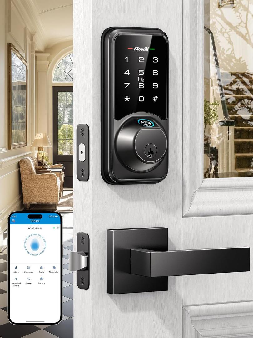 Smart Door Lock Set for Front Door, Zowill 7-in-1 Fingerprint Deadbolt with App Control, Keyless Entry Door Lock with 2 Lever Handles, Biometric, Touchscreen Keypad, Auto Lock, Matte Black