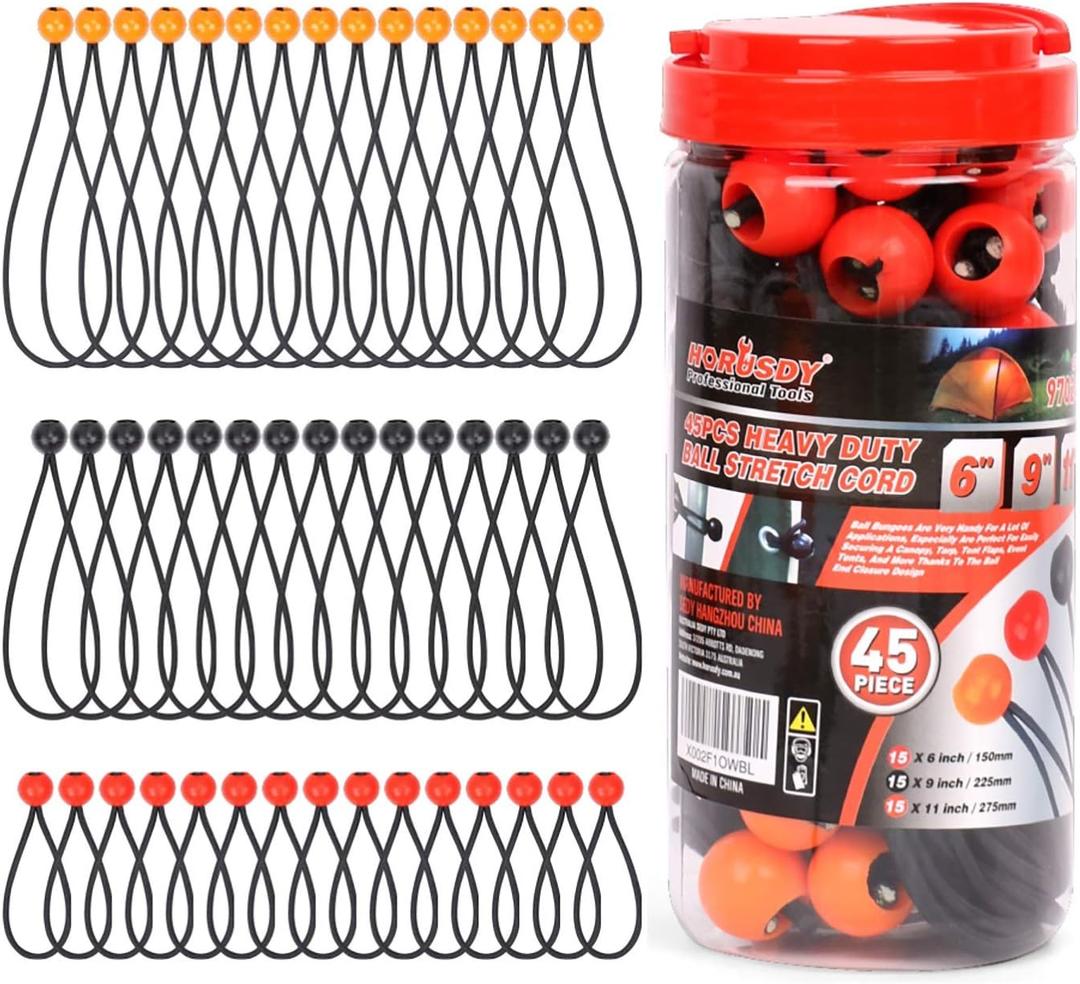 HORUSDY 45PCS Ball Bungee Cords, 6", 9", 11" Heavy Duty Tarp Tie Down Cord for Canopy, Gazebo, Camping, Tent, Cargo, Wires, Hoses, Patio Umbrellas, Awning