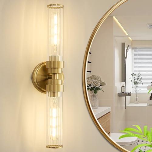 Vaziden Bathroom Light Fixtures, Gold Wall Sconce in Threaded Glass Indoor Vanity Lights, Modern Bathroom Vanity Light Up and Down Sconces Wall Lighting for Bathroom, Living Room - Bulb Not Included