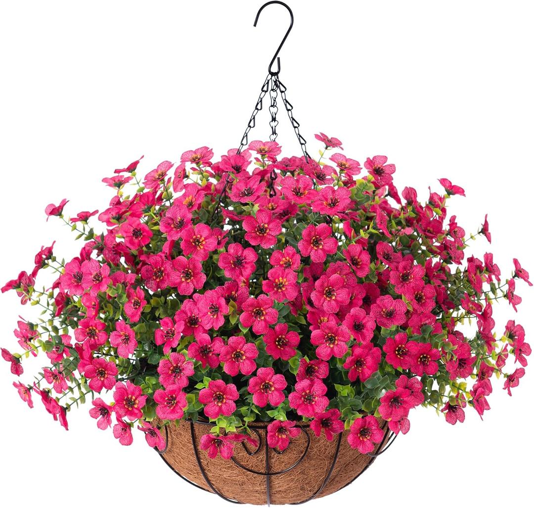 Artificial Fake Hanging Plants Flowers Basket for Outdoor Outside Porch Summer Decoration, Faux Silk Hotpink Dasiy UV Resistant Realistic in Planter for Home Patio Garden Yard (Rose Red)