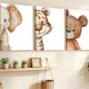 Devunaty 3pcs Funny Safari Animals Nursery Canvas Wall Art Baby Animals Poster Print Wall Decor Cute Bear Tiger Elephant Paintings Picture for Kids Baby Room Boys Girls Bedroom Decor 12X16in Framed