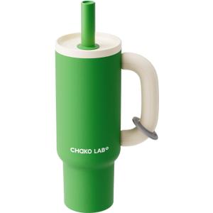 CHAKO LAB BaWang Insulated Stainless Steel Tumbler | Tumbler with Handle and Straw 33oz | Cup Holder Friendly for Travel | Leakproof Water Bottle | BPA-Free | Ceramic liner| Green White
