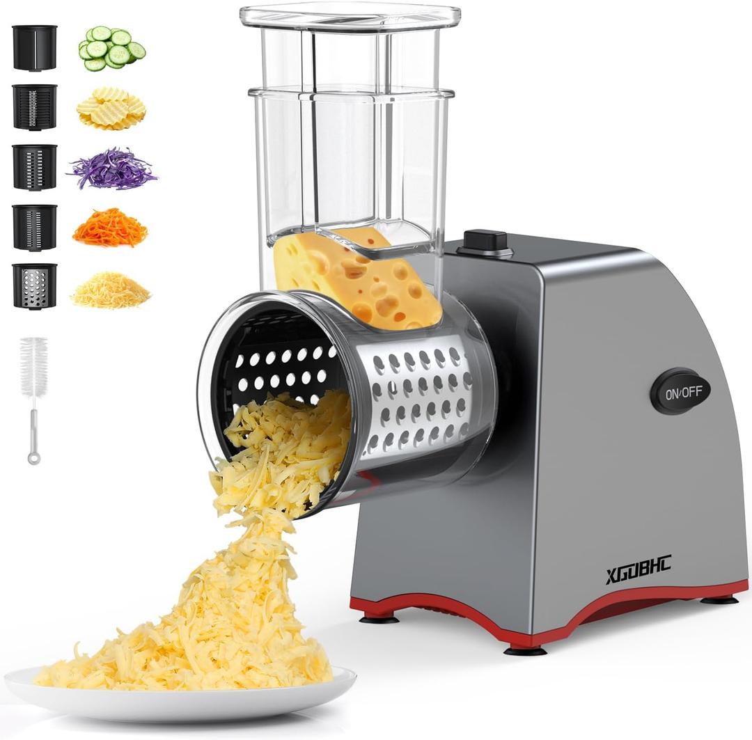 Electric Cheese Grater, Upgraded Salad Maker with 5 Replaceable Stainless Blades, 250W Electric Cheese Shredder, One-Touch Control Vegetable Cutter Kitchen Slicer for Cheeses, Fruits, Nuts (A-Space silver)