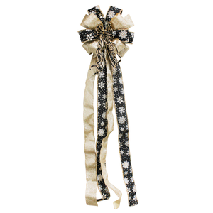 Christmas Tree Topper Bow, 43" Christmas Wreath Bows Black and Gold Ribbon Ornaments with Tassels Snowflakes and Glitter, Home Decor for Holiday Xmas Decoration Home Parties Wedding Gift