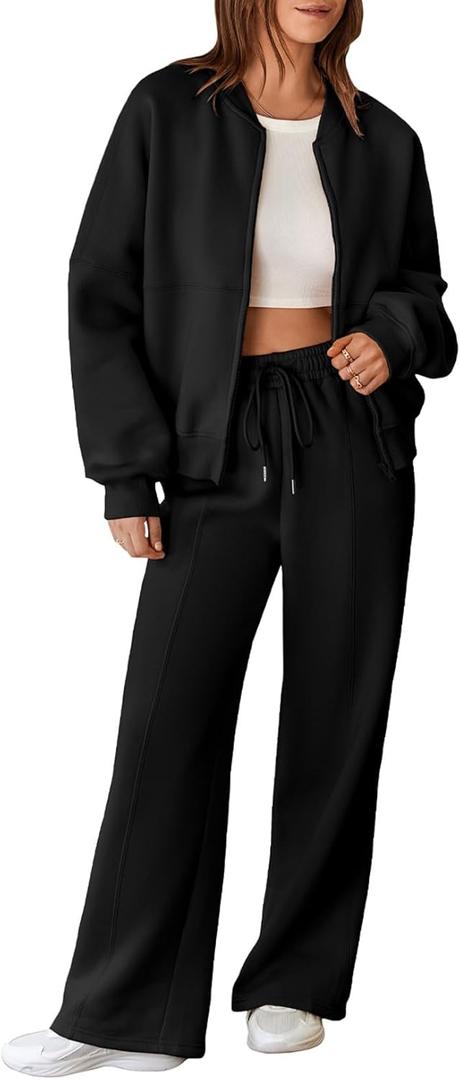 Aleumdr Women's 2 Piece Outfits Oversized Fleece Sweatsuit Zip Up Long Sleeve Sweatshirt with Wide Leg Sweatpants (Large, Black)