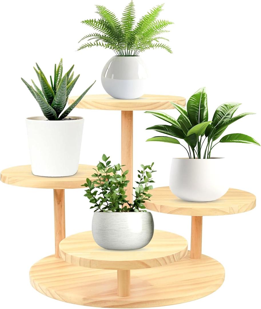 Tabletop Plant Stand Indoor Small 4 Tier Adjustable Wooden Succulent Table Top Window Sill Plant Shelf for Desk,Desktop,Corner Living Room,Outdoor Patio Garden Decorations, Raw wod