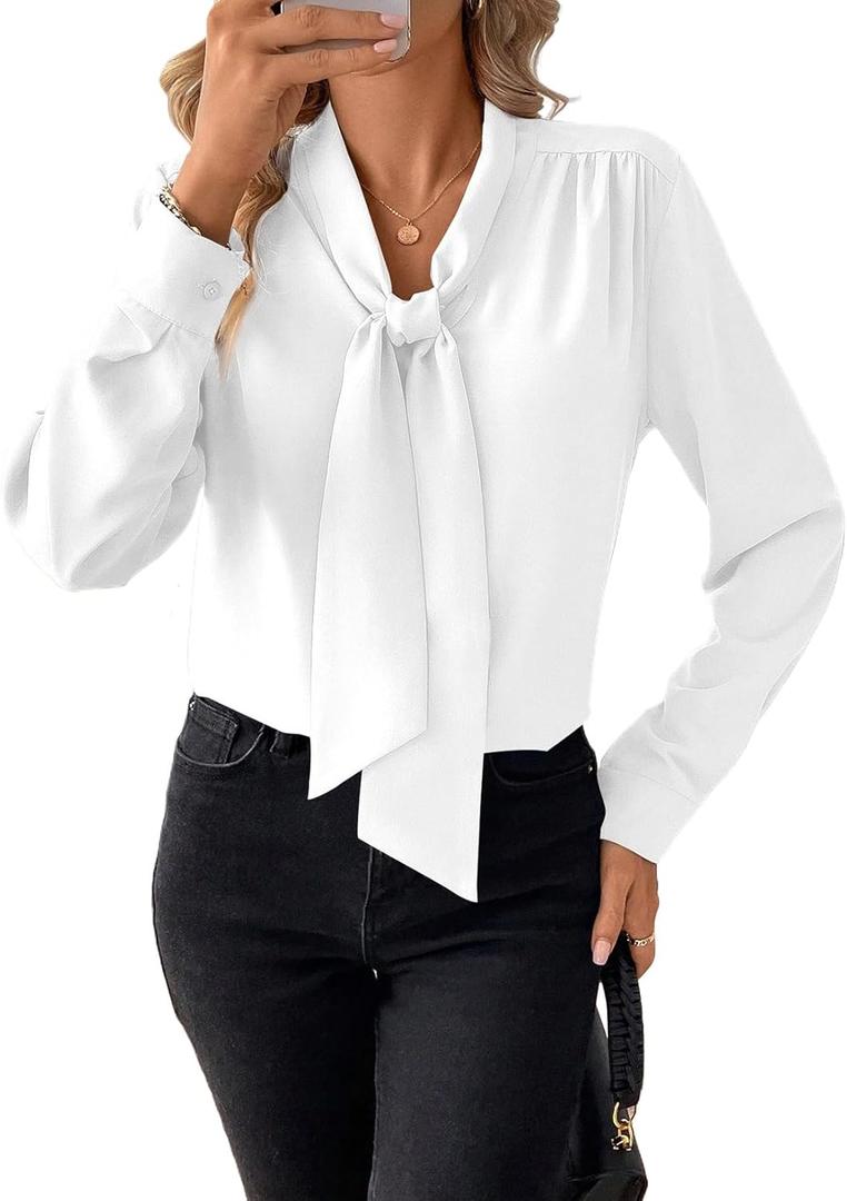 Astylish Womens Bow Tie Neck Tops 2026 Long Sleeve Trendy Business Work Blouses Elegant Dressy Casual Shirts (Medium, White)