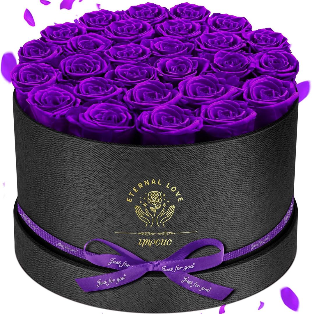 Forever Flowers, 27 Roses in A Box, Real Preserved Roses, Birthday Gift for Women, Mother's Day, Anniversary, Purple Rose