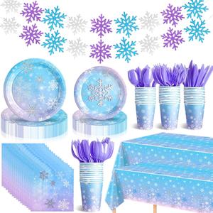 Sliner 171 Pcs Winter Snowflake Tableware Set Snowflake Party Supplies Winter Party Decoration Include Paper Wonderland Plates Napkins Cups Cutlery Tablecloth Banner for Birthday
