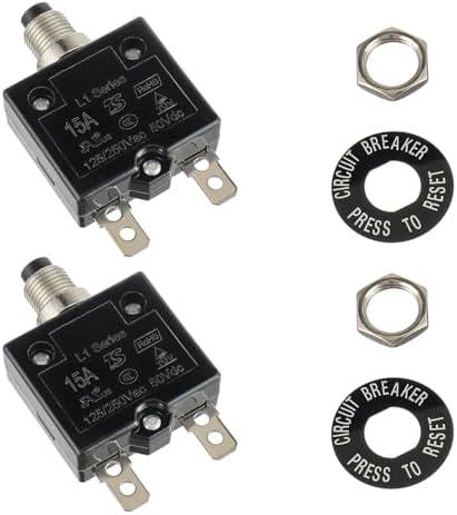HUWREW 15 Amp Push Button Circuit Breaker 125-250V AC 50V DC L1 Series Manual Reset Thermal Circuit Breaker 15A Thermal Overload Protector (Pack of 2)