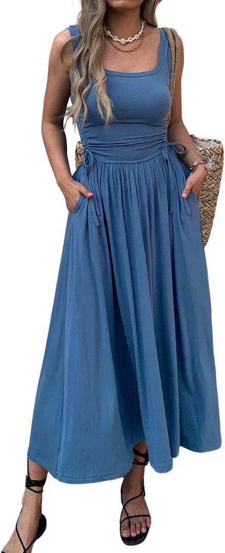 Mieazom Women’s Boho Summer Maxi Dress with Pockets, Adjustable Waist, Sleeveless Casual Ruched Sundress for Beach Vacation Blue XL