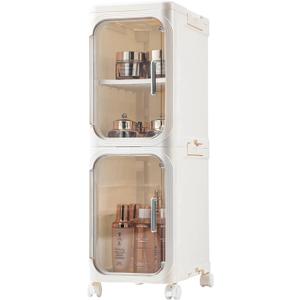 2-Tier Narrow Bathroom Storage Cabinet with Wheels, Plastic Slim Organizer with Adjustable Shelves for Small Spaces,Bathroom, Kitchen, Laundry,Milky White