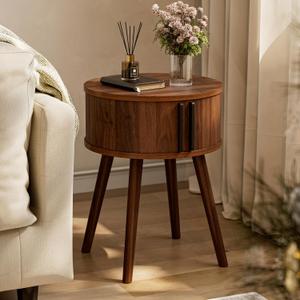 Side Table with Sliding Door & Cabinet, End Table for Living Room, Night Stand for Bedroom, Modern Bedside Table with Solid Wood Legs, Walnut