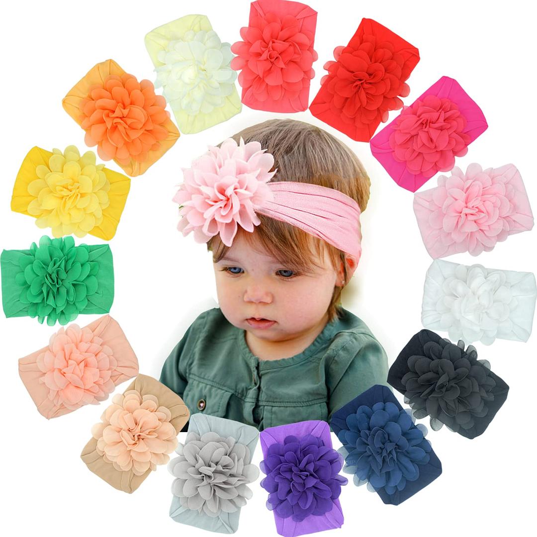 CLLOT 15 Pieces Baby Girls Headbands Tulle Hair Bows Head Wraps Chiffon Flowers Bows Soft Stretchy Turban Headbands for Newborn Infant Girls and Toddlers