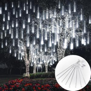Meteor Shower Lights, 144LED White Holiday Outdoor Illumination with 8 Tubes, Waterproof Hanging Display for Garden Yard Patio Tree Decor (Plug-in)