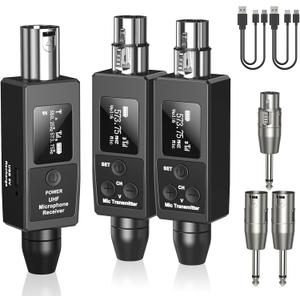 Wireless XLR Transmitter and Receiver Rechargeable Mic Adapter UHF 98ft Range,Dual Receiver Support 20 Channels XLR to 1/4'' Adapter, for Condenser Mics, Audio Mixer,Electric Guitar Bass (Wireless Dual Transmitter and Wireless Receiver)