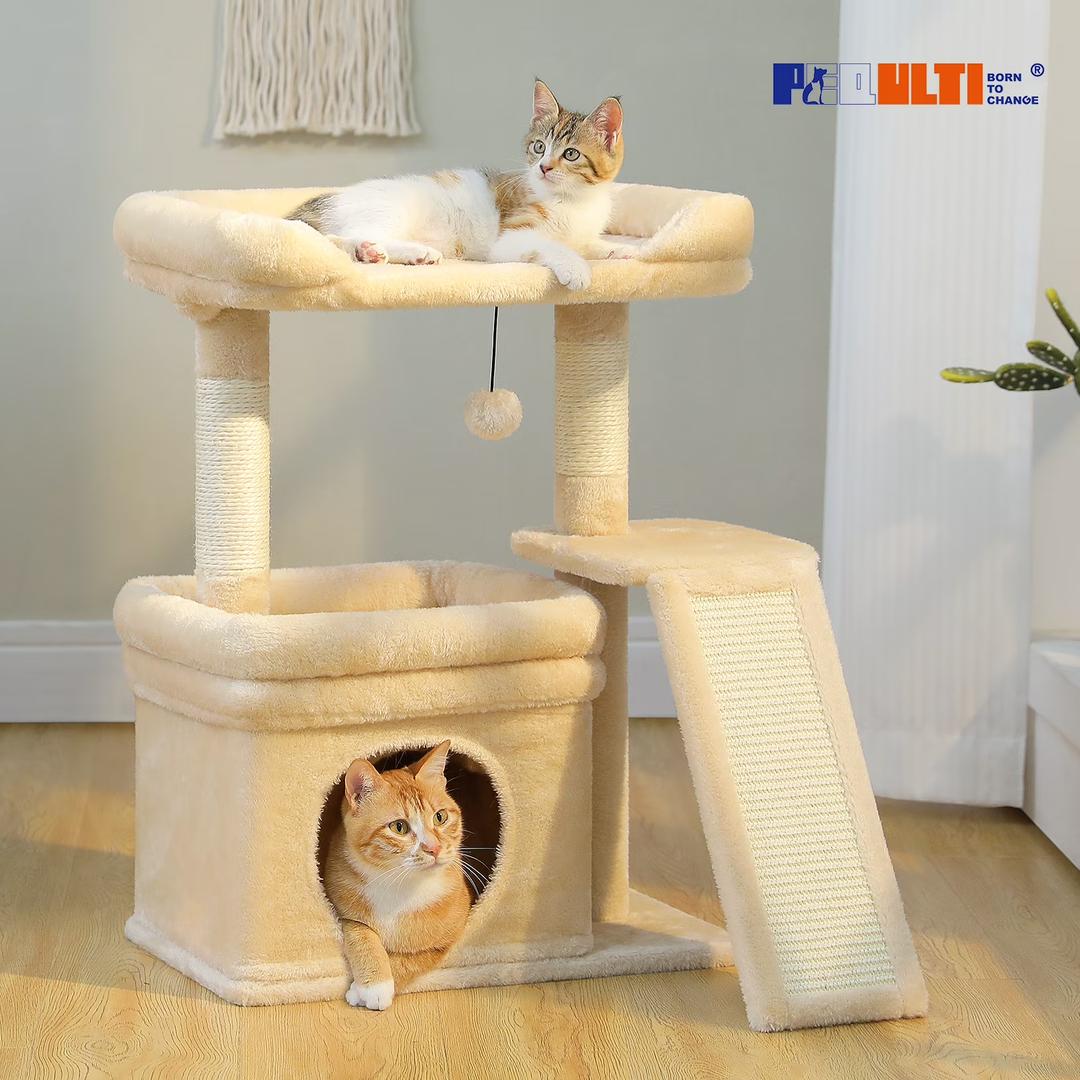 PEQULTI Small Cat Tree Tower for Large Adult Cats with Wide Top Perch, Private Cat Condo and Sisal Scratching Post&Pad for Indoor Cats, Beige