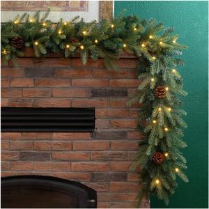 Glitzhome 9ft Christmas Garland for Mantle, Prelit Greenery Garland Pine Cone Christmas Garland with Warm White LED Lights and Timer for Fireplace, Dining Table, Stairs Home Party Decoration (1-Pack)