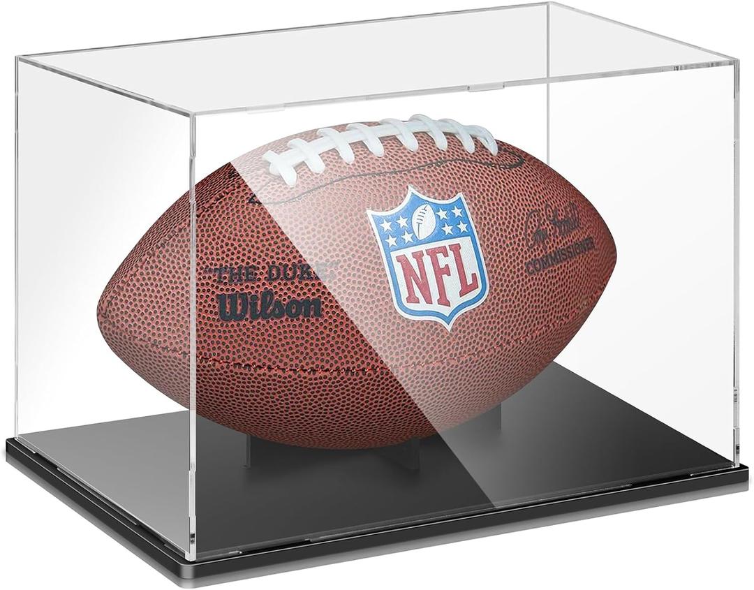 Football Display Case, Premium Clear Acrylic Display Case Full Size with Removable Interior Football Display Stand, Thickened UV Protection Autographed Football Display Holder (Black)