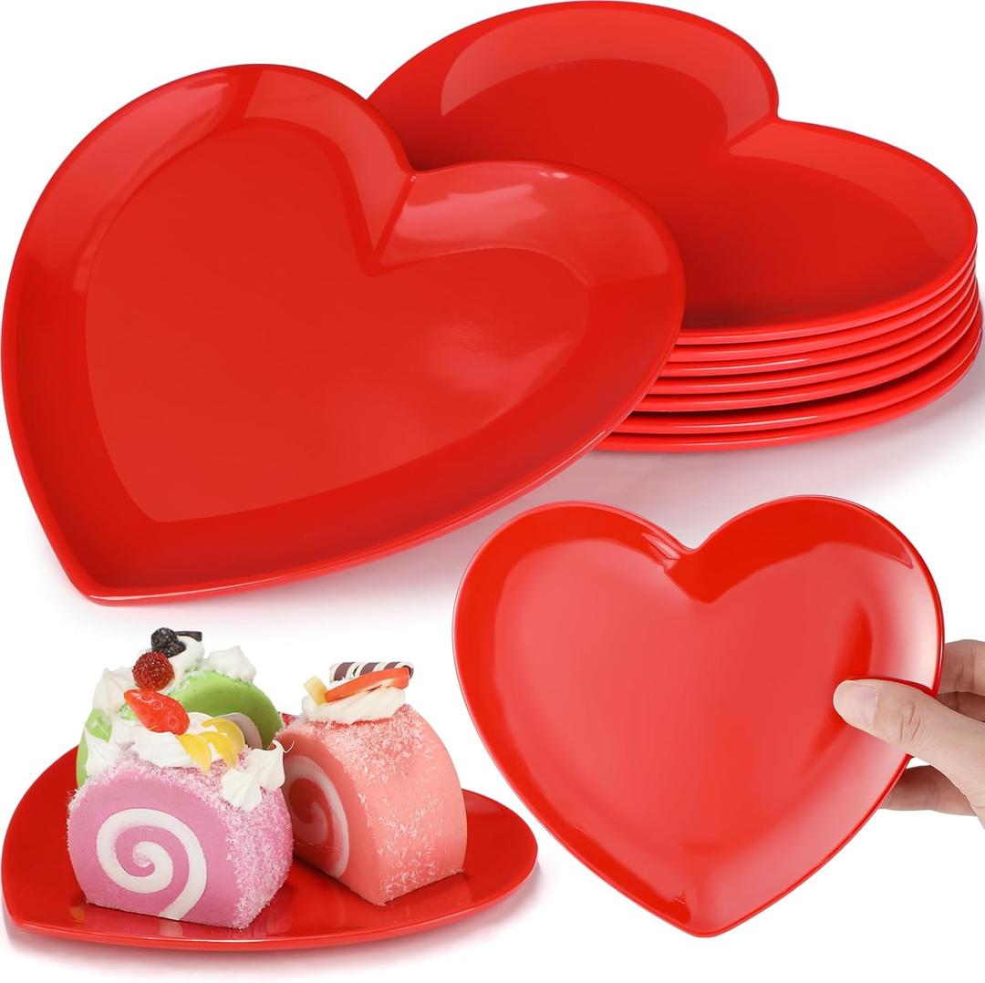 Nuogo 8 Pcs Heart Shaped Dinner Plates 6.8'' Serving Tray Melamine Heart Shaped Plates for Dessert, Appetizer, Salad, Dishwasher Safe (Red)