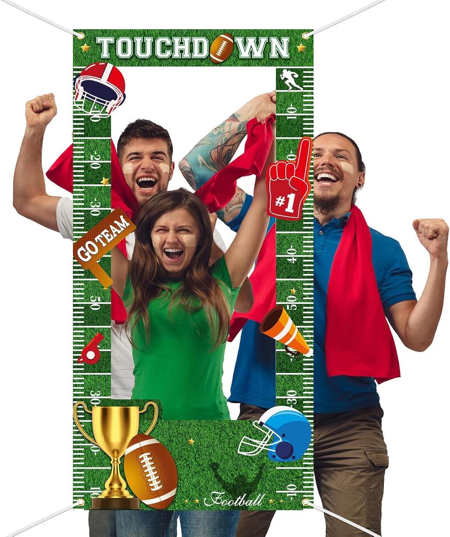 Lofaris Football Picture Frame Banner 35.4x70.8in, Touchdown Photo Booth Backdrop, Sports Theme Party Decoration, Game Day Birthday Party Supplies