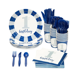 Juvale 144-Piece First Birthday Decorations for Boy - Blue & White Nautical Theme - With 1st Birthday Plates, Napkins, 9oz Cups & Cutlery - Disposable Party Supplies - Serves 24