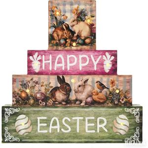 Vintage Easter Decorations Indoor - Led Bunny Retro Decor Light up Happy Easter Wooden Sign for Table Religious Home Office Indoor Decor 9  9 Inch