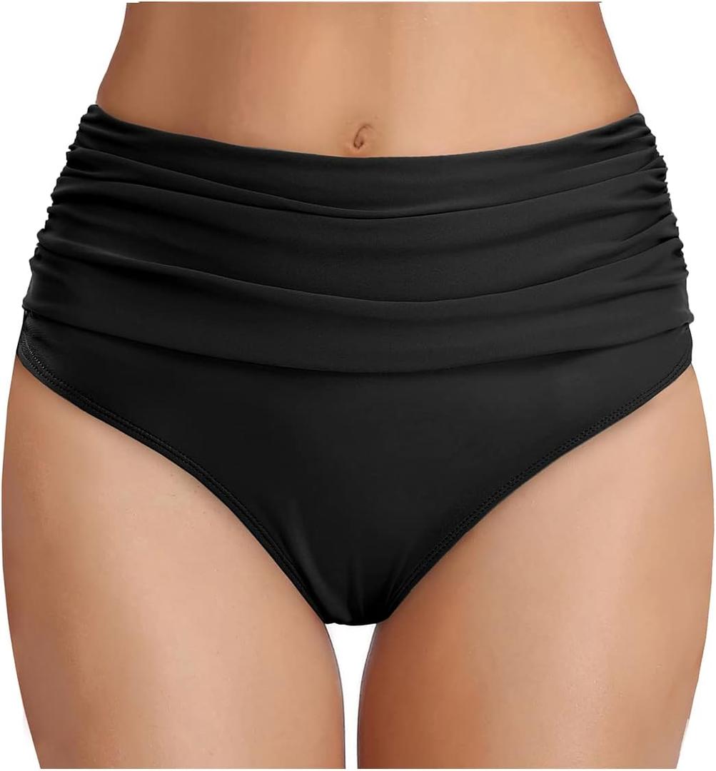 Tempt Me Women's High Waisted Bikini Bottom Tummy Control Ruched Bathing Suit Swim Bottom (Black, S)