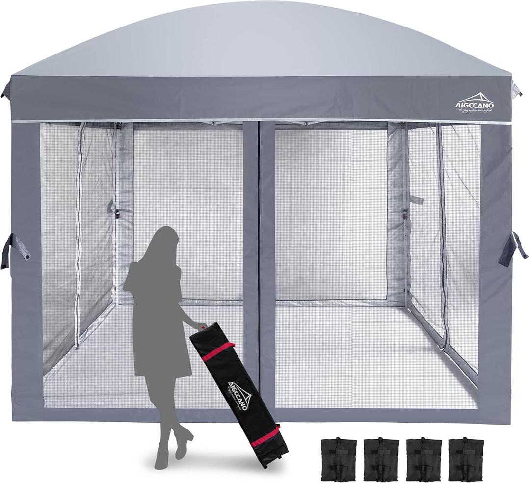 Canopy Tent with Netting Screen,10x10 Easy Pop Up Gazebo for Outdoor Parties,Camping,Foldable Patio Gazebo with Roller Bag and 4 Sandbags(Grey) (Gray)